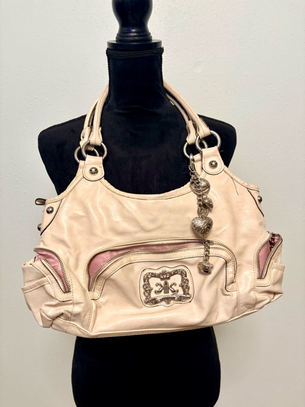 kathy ireland Cream Shoulder Bag with Pink Accents